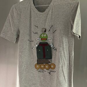 Prada Gray Short Sleeve Graphic Tee with Green and Brown Appliqué